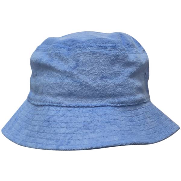 A blue terry towelling bucket hat with a wide brim and a soft texture, featuring a branding logo.