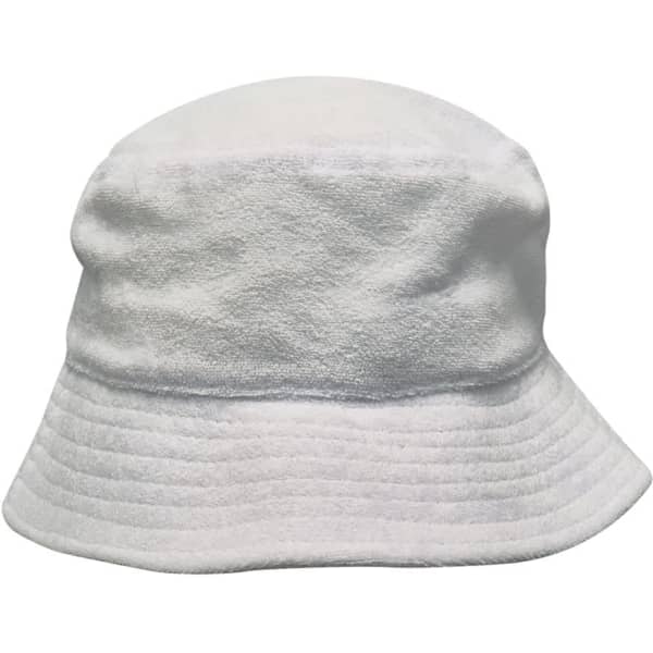A white terry towelling bucket hat with a wide brim and soft texture, featuring a logo.