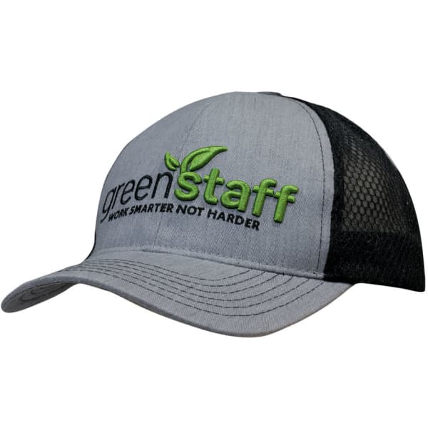 A grey cap with honeycomb mesh sides, featuring a logo on the front.