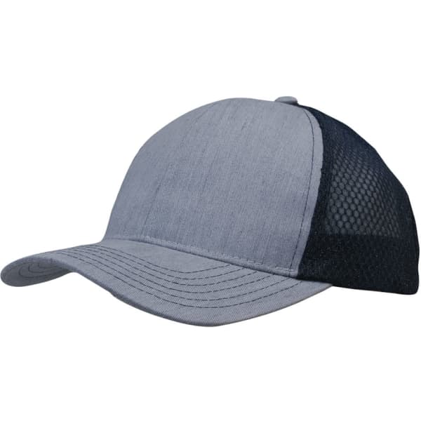 A grey cap with a honeycomb mesh back, featuring a curved brim and a logo on the front.