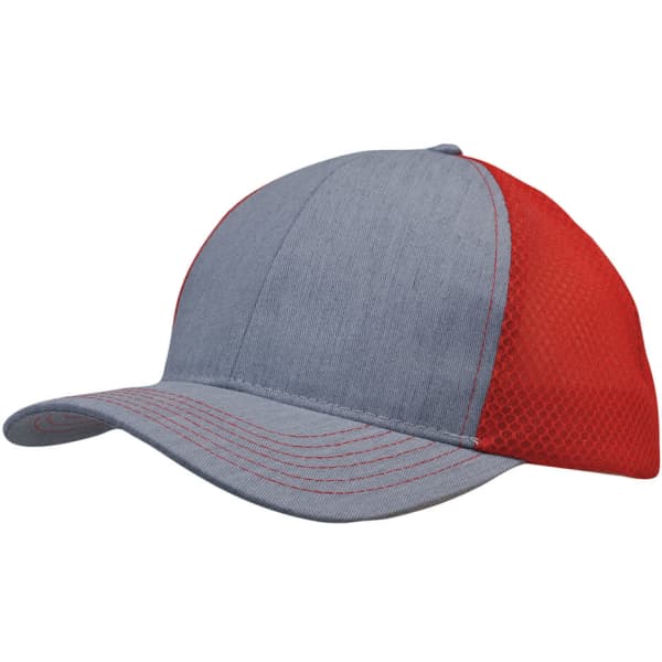 A grey cap with a red honeycomb mesh back, featuring a curved brim and a logo.