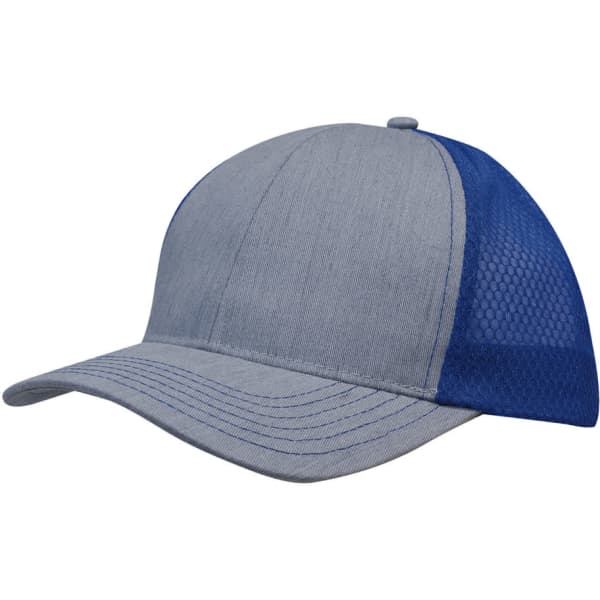Light brushed poly cotton marle cap in grey with a blue honeycomb mesh back and a logo.