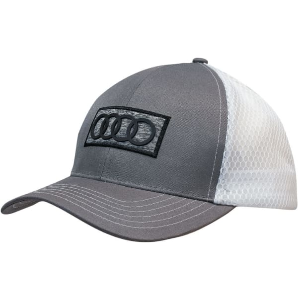 A grey cap with a honeycomb mesh panel, featuring a logo on the front. Ideal for headwear promotion.