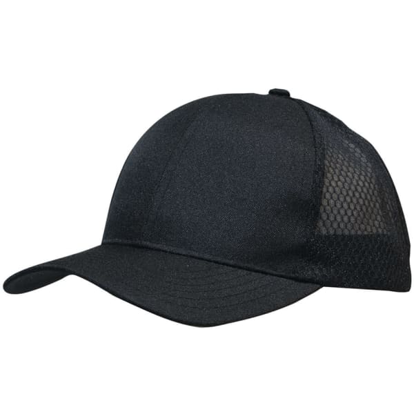 A black breathable poly twill cap featuring honeycomb mesh panels. The cap has a curved brim and includes a logo.