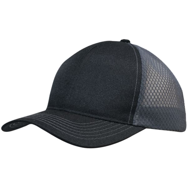 A breathable black poly twill cap with honeycomb mesh sides and a curved brim. It features a logo on the front.