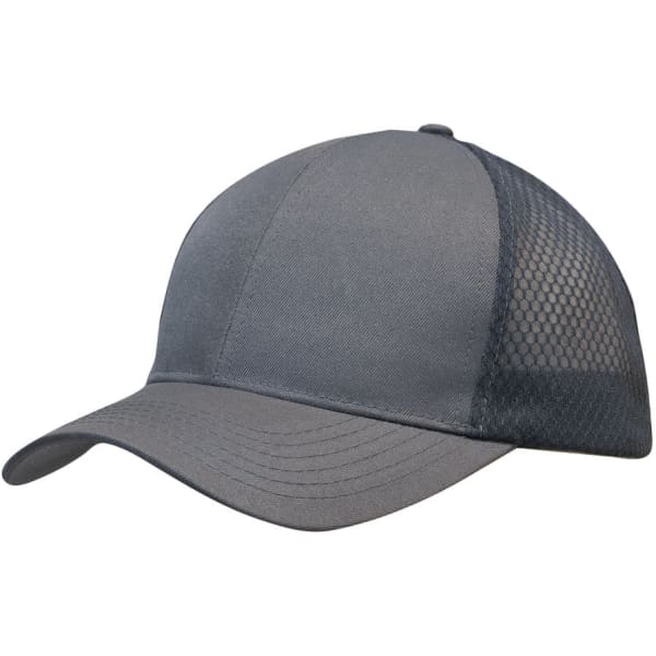 A grey breathable poly twill cap featuring honeycomb mesh panels and a curved peak. It includes a logo.