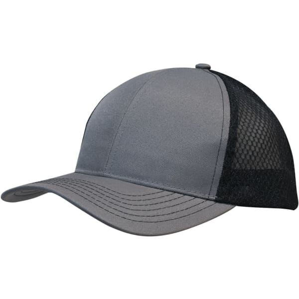 A breathable poly twill cap in grey with a honeycomb mesh side panel and a curved brim. Features a logo.