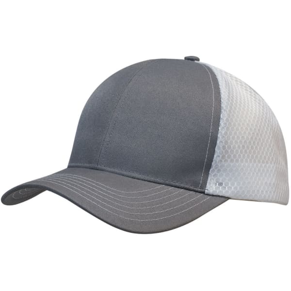 A grey cap featuring breathable honeycomb mesh on the side. It has a curved brim and a logo present.