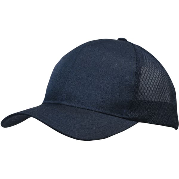 A navy breathable poly twill cap featuring honeycomb mesh panels and a curved peak, with a logo present.