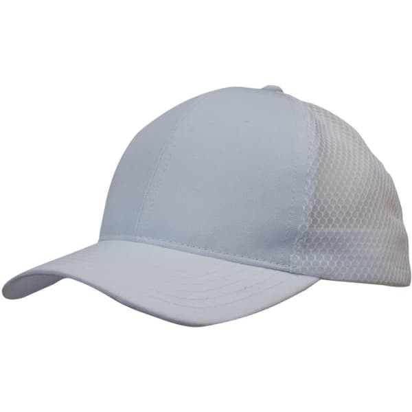 A light grey cap featuring breathable poly twill material and honeycomb mesh sides, with a logo.
