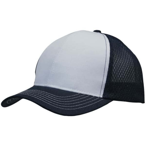 A breathable poly twill cap in grey with navy honeycomb mesh panels and a curved brim, featuring a logo.