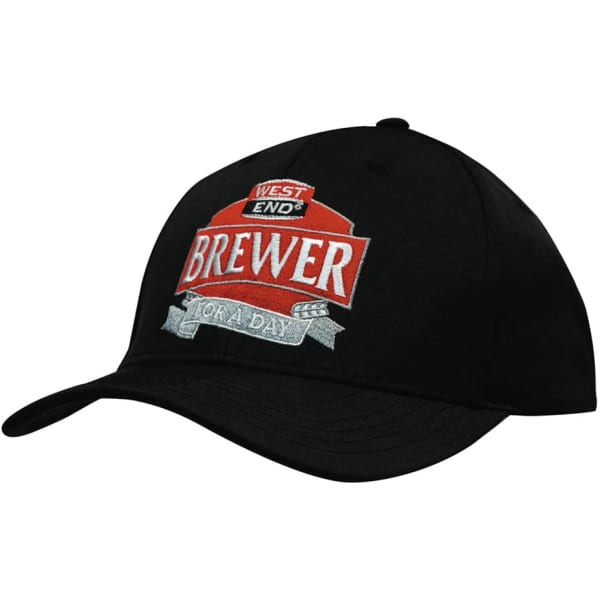 A black cap featuring a prominent logo and embroidered text, designed for promotional use.
