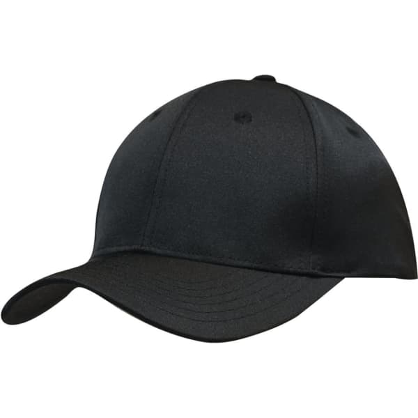 A black premium twill cap with a curved brim and a logo on the front. Suitable for various headwear styles.