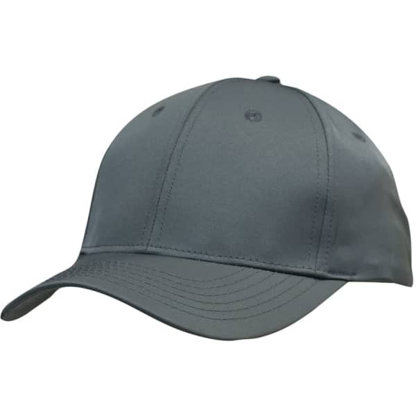 A grey twill cap with a curved brim and a logo, featuring multiple stitching lines.