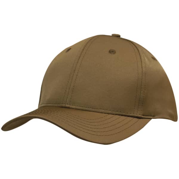 A khaki cap with a smooth finish and a curved brim, featuring a logo on the front.