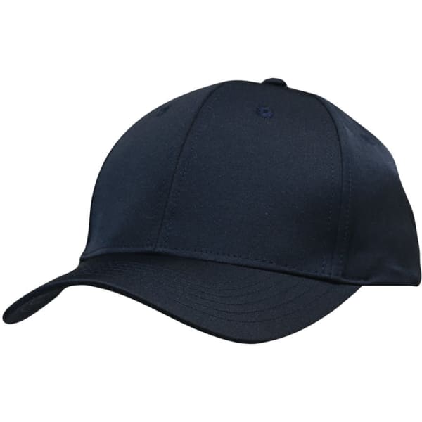 A navy premium sports twill cap featuring a curved brim and a logo on the front.