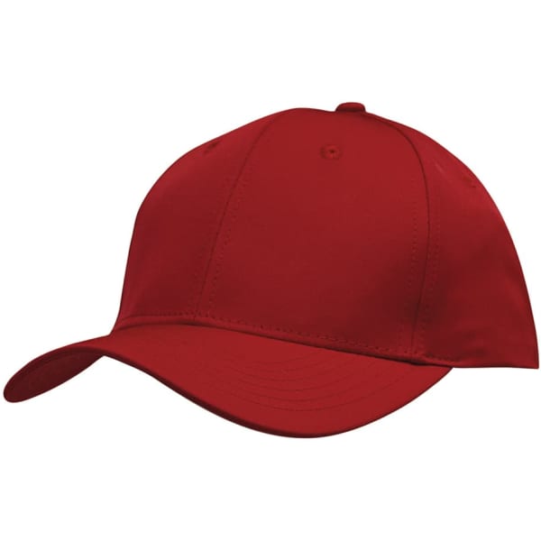 A red twill cap featuring a curved brim and an adjustable strap at the back. It has a logo on the front.