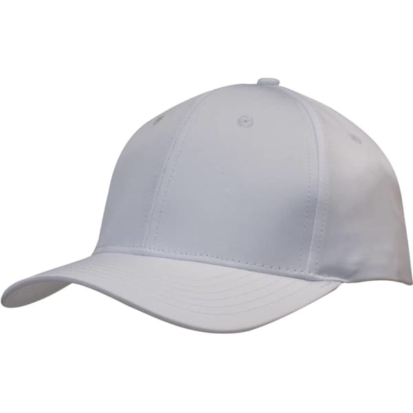 A white sports twill cap featuring a structured design and a curved brim, complete with a logo.