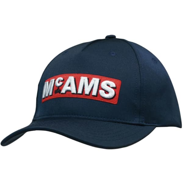A navy cap featuring a red and white embroidered logo on the front. It has a classic curved brim design.