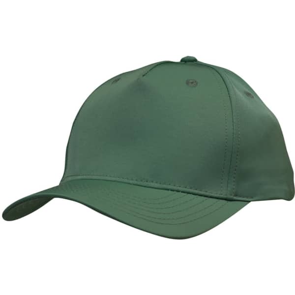 A green twill cap with a curved peak and ventilation holes, featuring a logo on the front.