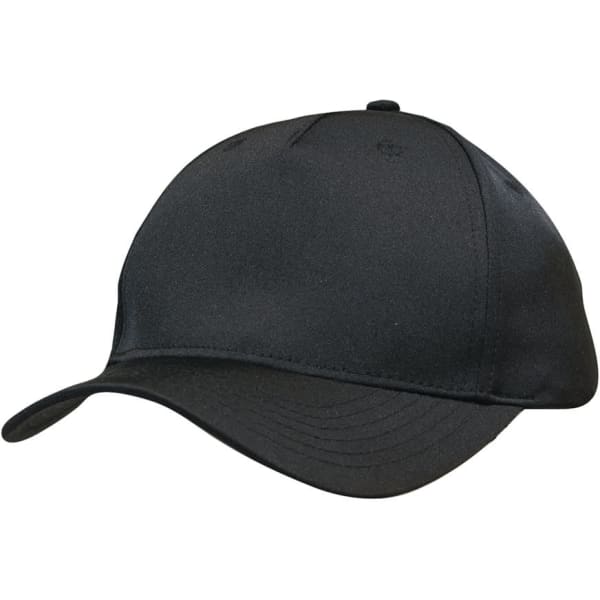 A black twill cap with a smooth finish and a curved brim, featuring a logo on the front.