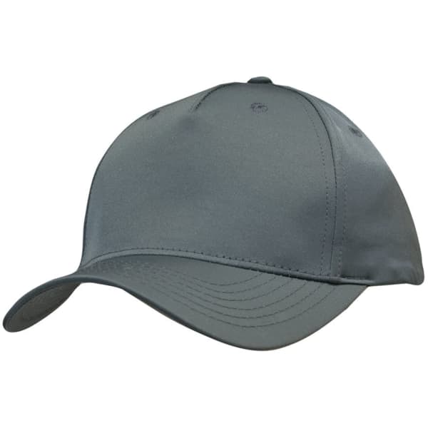 A grey sports twill cap with a curved brim and a logo. Ideal for outdoor activities.