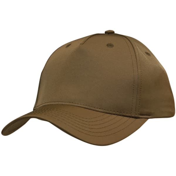 A khaki premium sports twill cap with a front panel and a curved brim, featuring a logo on the side.