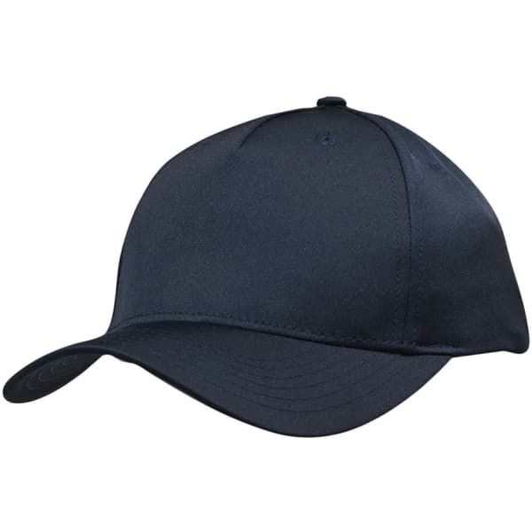 A navy blue twill cap with a structured design and an adjustable strap at the back. It features a logo.