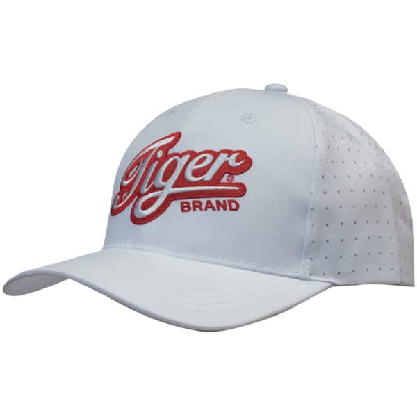 A white cap with circle perforations and a logo on the front, featuring a curved brim and a button on top.