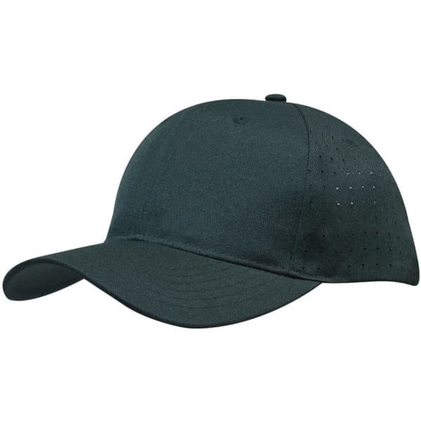 A dark green breathable poly twill cap with circle perforations for ventilation and a curved brim.