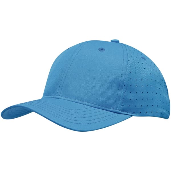 A blue breathable poly twill cap featuring circle perforations and a structured front panel.