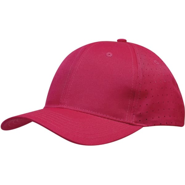 A pink breathable poly twill cap featuring circle perforations and a curved brim. It has a logo on the side.