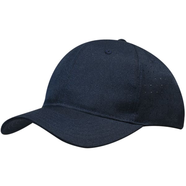 A navy breathable poly twill cap with circle perforations and a curved visor. It features a logo on the front.