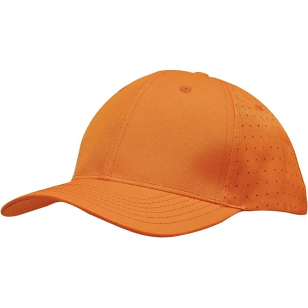 An orange breathable poly twill cap featuring circle perforations and a logo on the side.