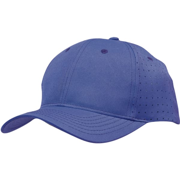 A purple cap featuring circle perforations, designed for breathability, with an adjustable strap and a logo.