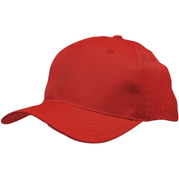 A red breathable poly twill cap featuring circular perforations and a logo.