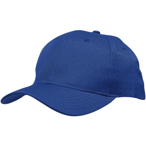 A blue breathable poly twill cap featuring circle perforations and a curved brim, with a logo on the front.
