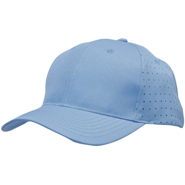 A light blue breathable poly twill cap featuring circle perforations and a curved peak, with a logo on the side.