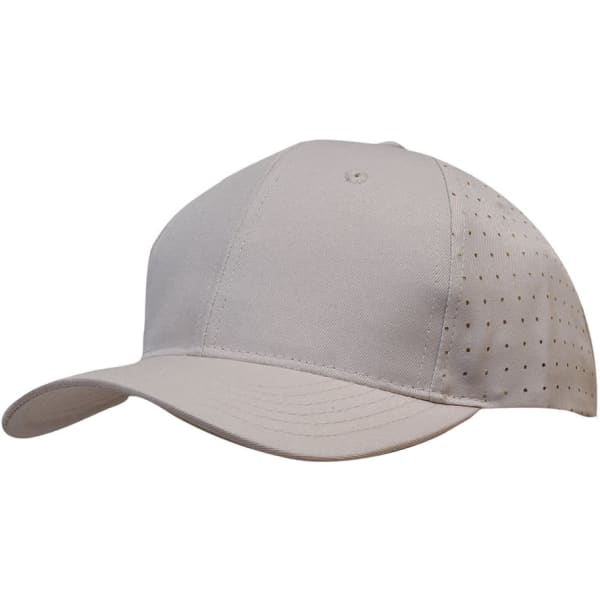 A beige breathable poly twill cap featuring circle perforations and a curved brim, with a logo on the side.