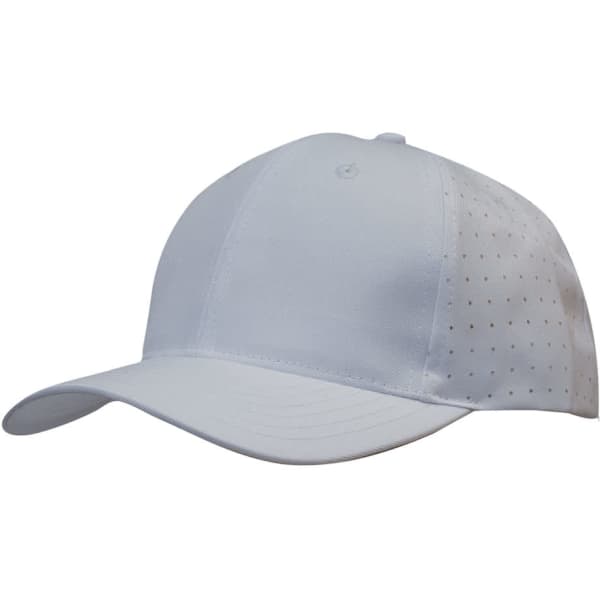 A breathable poly twill cap in light blue, featuring circle perforations and a logo on the side.