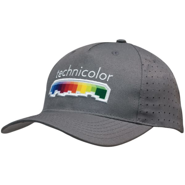 A grey cap with circle perforations and a logo on the front featuring rainbow colours.