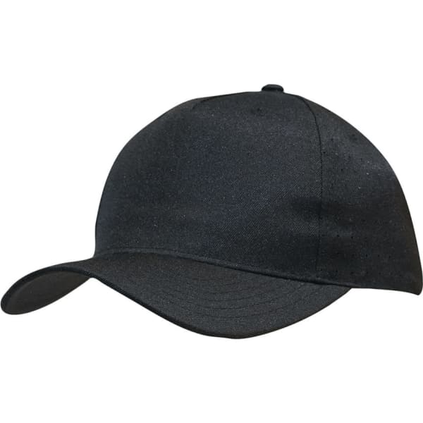 A black breathable poly twill cap with circle perforations and a curved brim, featuring a logo.