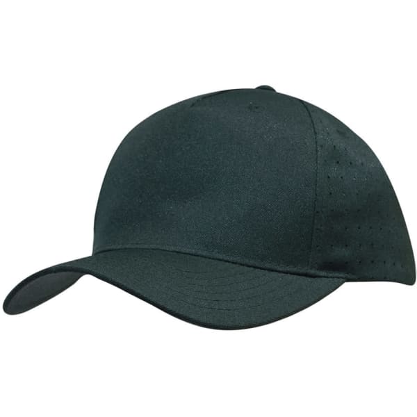 A dark green cap made of breathable poly twill, featuring circle perforations for ventilation and a curved brim.