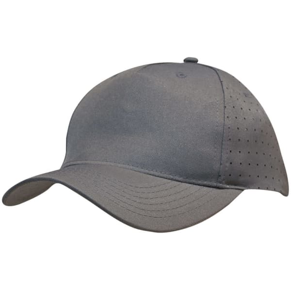 A grey breathable poly twill cap featuring circle perforations and an adjustable strap at the back.