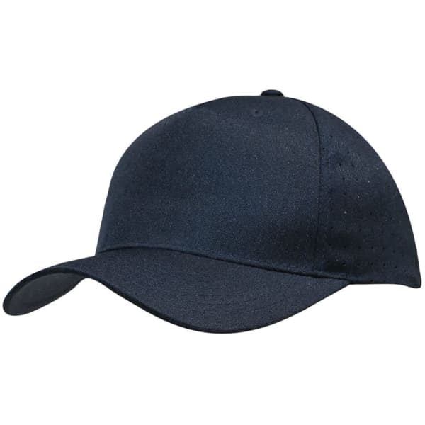 A navy breathable poly twill cap featuring circle perforations and a branded logo.