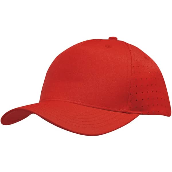 A red breathable poly twill cap featuring circle perforations and a rounded brim. It includes a logo on the side.