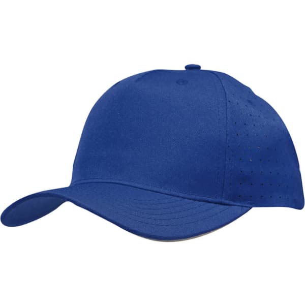 A blue breathable poly twill cap featuring circle perforations and a curved brim. It has a logo on the side.