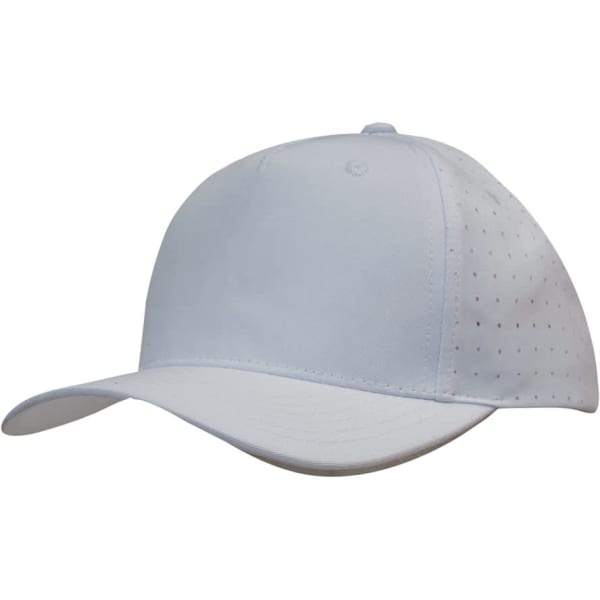A breathable white poly twill cap featuring circle perforations and a branding logo on the side.