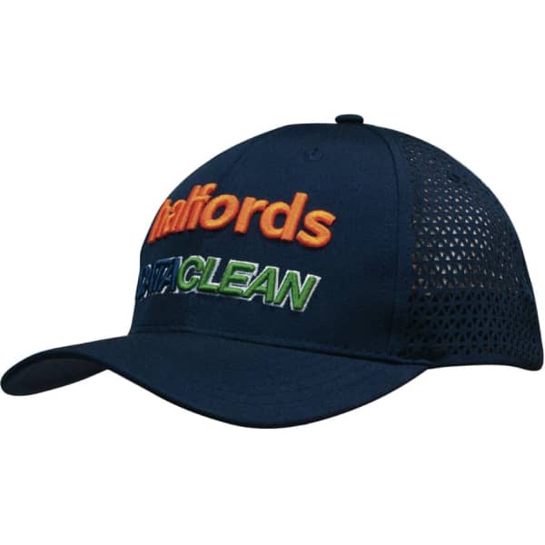 A navy cap with triangle perforations and multi-coloured branding, featuring orange, green, and blue elements.