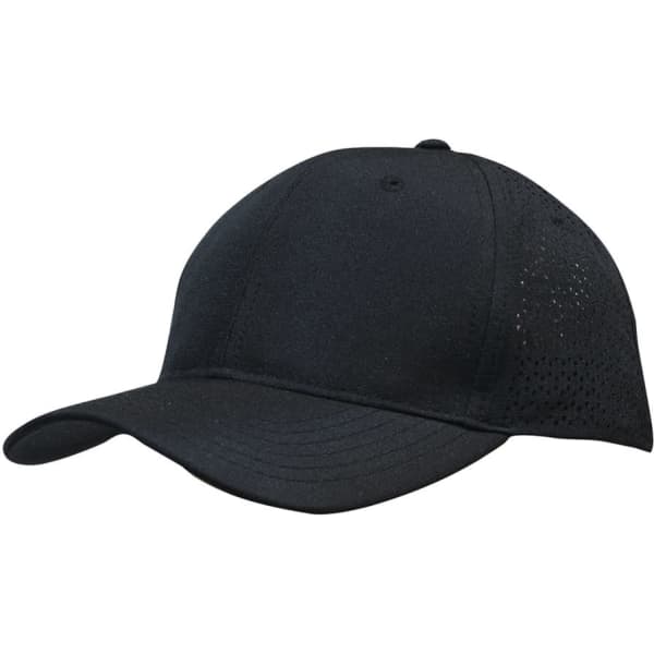 A black sports cap with triangle perforations and a logo, featuring a curved brim and breathable fabric.